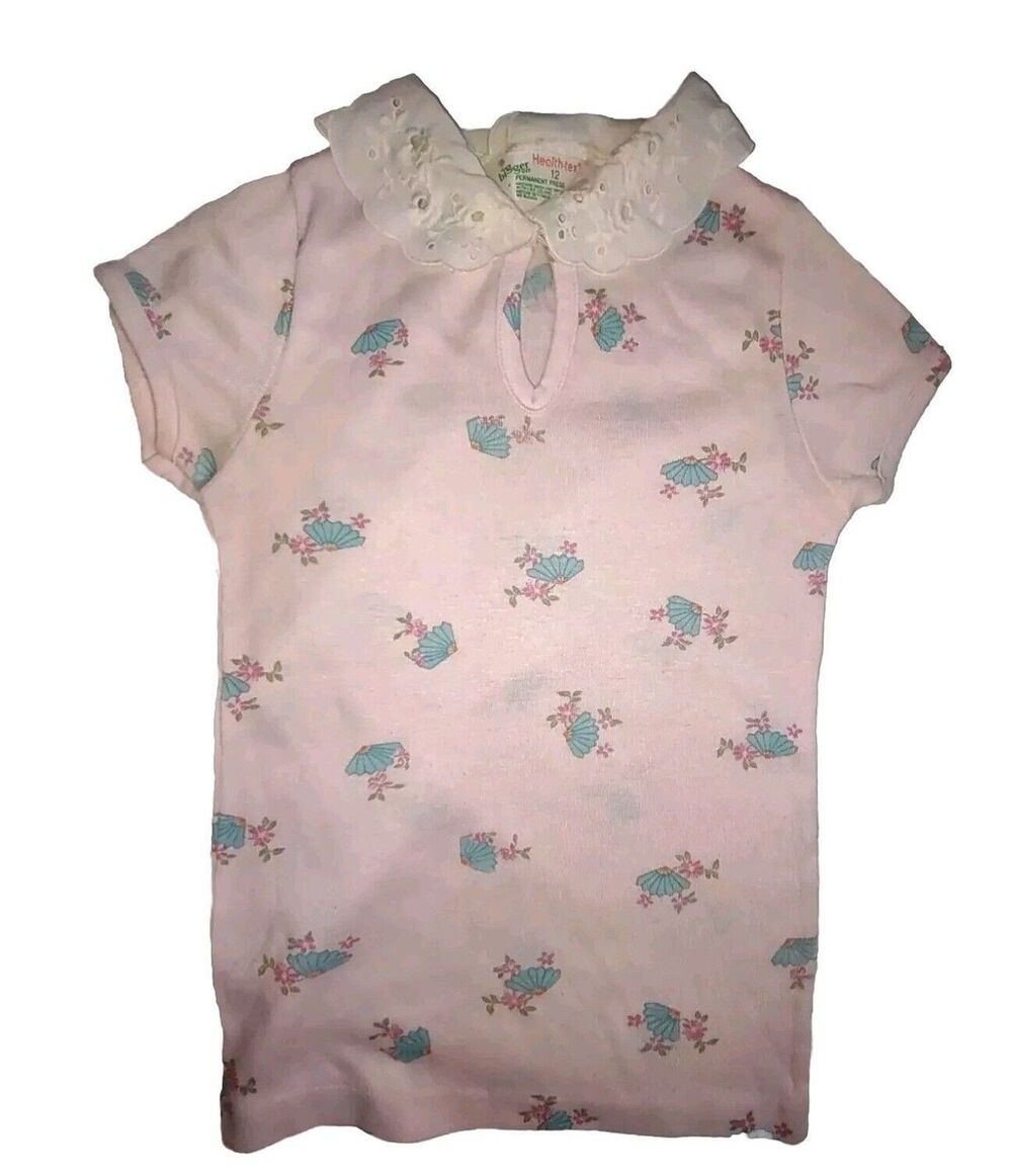 80s Health-Tex Girls Knit Top Short Sleeve Shirt Lace Collar Pink Floral